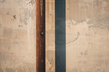 Wooden post casting a shadow on a concrete surface, abstract texture with natural and vintage elements