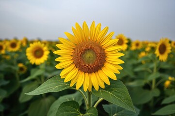 Fototapeta premium Stunning close-up of vibrant yellow sunflowers in a fall field with a lush green backdrop. Agricultural landscape showcasing blooming sunflowers in a natural setting.