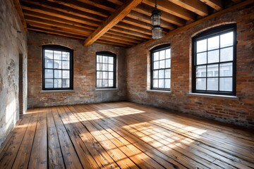 Sunlight illuminating empty loft with brick walls and wooden floor