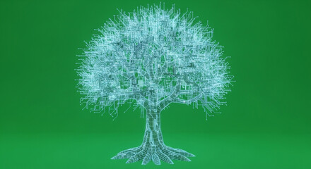 Futuristic digital tree network symbolizes growth, innovation, and interconnected technology concepts