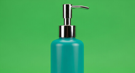 Sleek modern teal soap dispenser with chrome pump, perfect for minimalist bathroom decor.