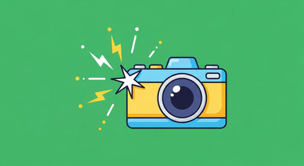 Vibrant cartoon camera flashes with dynamic lightning bolts and playful dots on a bright green background.