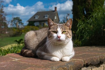 Obraz premium Elderly feline relaxing on a garden patio