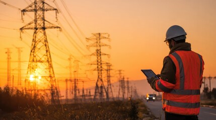 Electrical engineer technician in hard hat with a tablet computer device monitoring high voltage transmission tower power grid lines at sunset