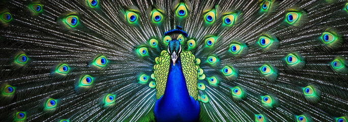 Obraz premium close-up of a peacock displaying its feathers