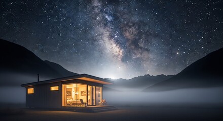 Cozy cabin under a starry night sky with the Milky Way
