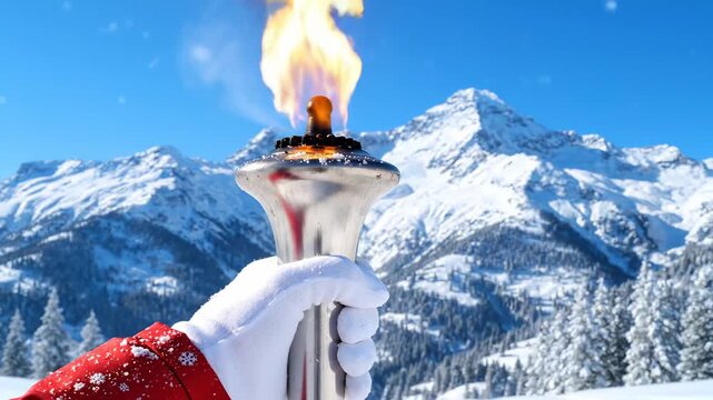 In this image, a white gloved hand grasps a torch that is ablaze, set against a breathtaking backdrop of snow capped mountains, symbolizing the essence of winter sports