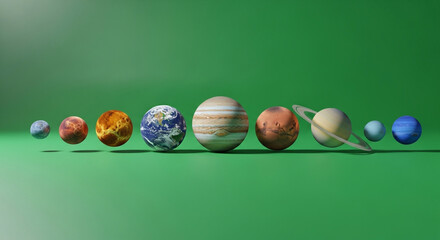Explore our solar system's stunning planets aligned beautifully against a vibrant green backdrop.