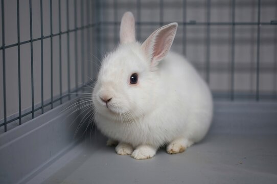 A scared white bunny curled up tightly in a cage corner