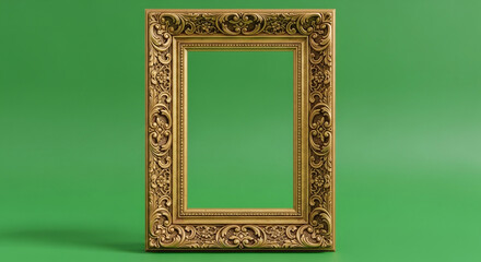 Elegant antique gold ornate picture frame awaiting your masterpiece on vibrant green backdrop