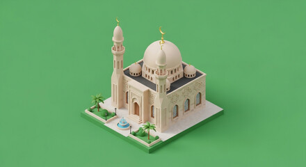 Serene isometric mosque design with elegant architecture and lush green surroundings