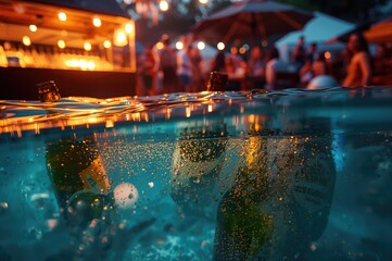Beer bottles contrasting with water droplets at a lively gathering