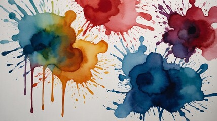 Vibrant watercolor splashes in red, orange, and blue, creating an abstract artistic backdrop.