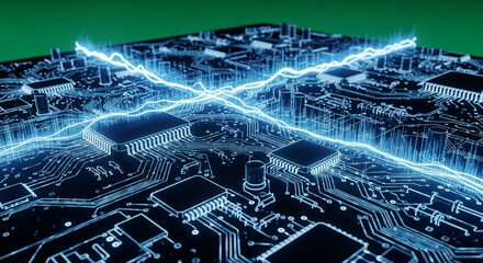 Dynamic digital circuit board with glowing blue energy pulses, representing innovation and technology