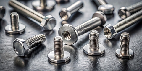 Close-up view of different stainless steel bolts and nuts scattered on a dark surface inside a workshop. The tools reflect light, showcasing their shine and details