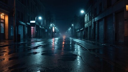A quiet, rainy urban street at night, with shimmering reflections off the wet pavement.