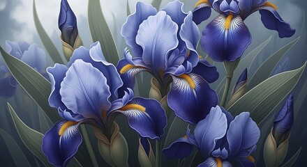 Closeup of vibrant blue irises with yellow accents and green leaves in soft lighting