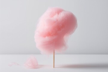 A stick holding fluffy pink candy floss against a white backdrop