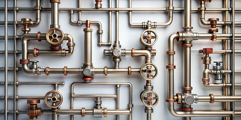 Intricate network of shiny metallic pipes, valves, and fittings is installed on a wall in an industrial space, highlighting plumbing infrastructure used for water and gas systems