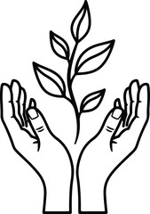 Vector Hands holding growing plant seedling in cupped hands silhouette illustrator