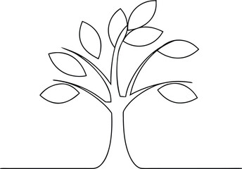 Simple continous line art outline drawing a stylized tree with leaves