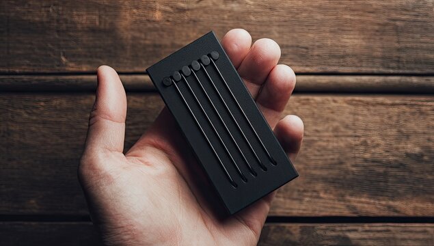 Hand holds black case with thin, dark objects