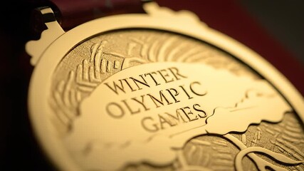 Detailed close up of a Winter Olympic Games gold medal. The intricate engraving on the medal symbolizes triumph, success, and exceptional athleticism