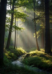 Obraz premium Sunlight streams through a tranquil forest, illuminating a small creek and lush greenery.