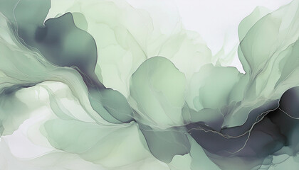 Elegant watercolor illustration featuring sage green and gray tones with flowing organic shapes, evoking a sense of tranquility and calmness suitable for modern decor