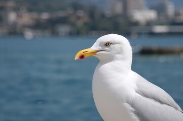 Fototapeta premium Close-up of a white seabird perched by the ocean with a natural backdrop and open space.