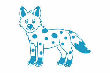 Cartoon African wild dog stands smiling with its white fur and blue spots
