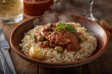 Detailed view of a chicken stew with olives and rice on a rustic wooden table