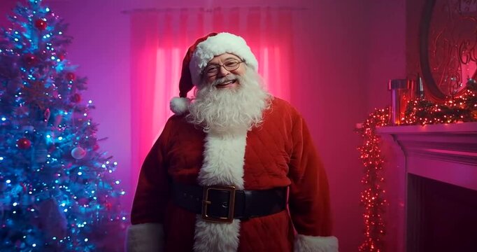 Santa claus with a white beard and red suit, standing in a festive room with a decorated christmas tree and fireplace, welcoming the holiday season 4k video