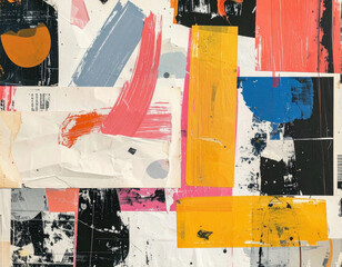 Brightly colored abstract collage with layers of paint, paper textures, and bold shapes creates an energetic visual composition in a modern art style