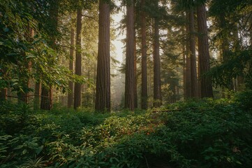 Obraz premium A summer woodland backdrop featuring pine trees, nature, and sunlight filtering through leaves