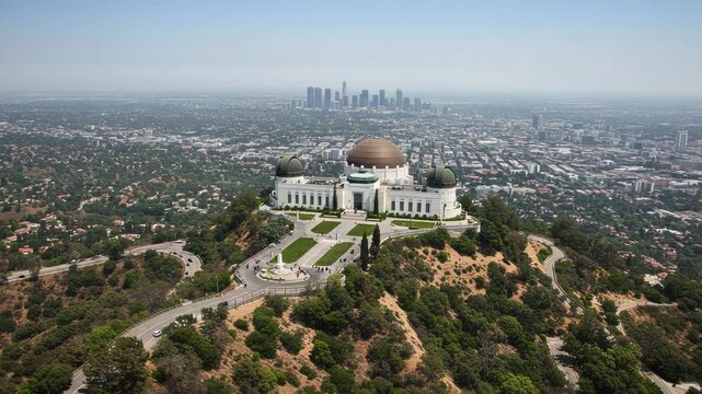 Griffith observatory overlooking los angeles skyline aerial view