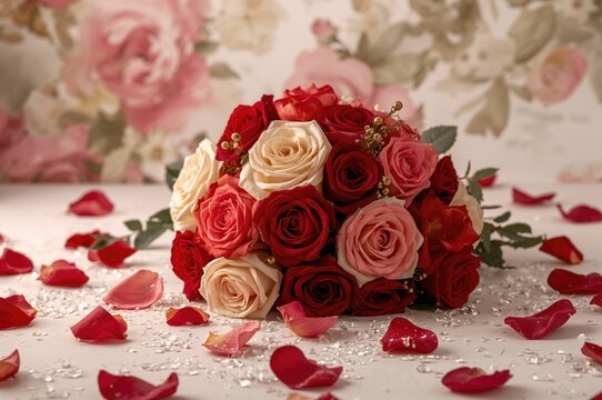 Stunning rose bouquet surrounded by a sea of petals, festive theme, floral design, abstract art, seasonal vibes, romance, celebration, natural beauty