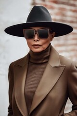 A woman wearing a black hat and sunglasses stands in front of a brick wall. She is wearing a brown coat and a black dress