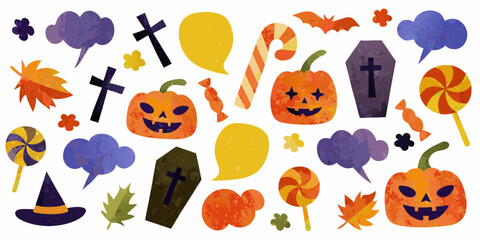 Collection of halloween icons including jack o lanterns candy bats coffins and autumn leaves