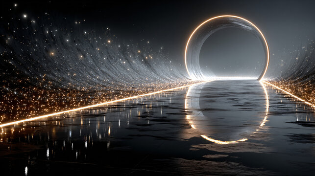 a long tunnel on the beach features a light, white, and gold style with a futuristic, sci-fi aesthetic. the scene has glowing, cool tones, captured through time-lapse photography. the white stone wall