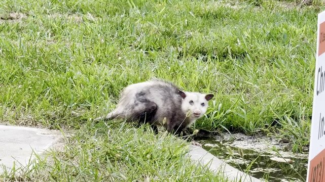 Urban Opossum Drinking From Puddle During the Day