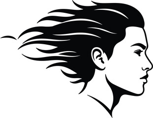 Vector woman head in profile with blowing hair silhouette illustrator