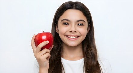 Smiling child holding a fresh apple, cheerful expression on transparent background.