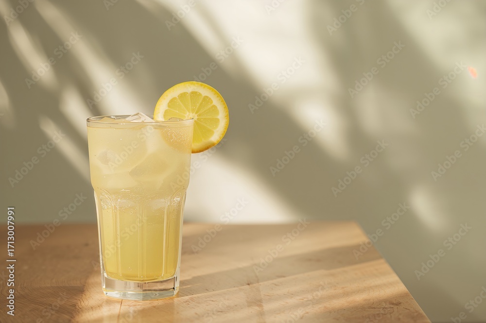 Wall mural close-up of lemonade with sunlight and shadows, summer refreshment theme with empty space