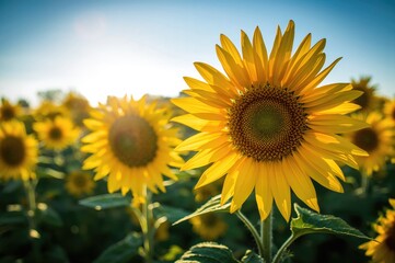 Detailed view of a bright meadow covered in blooming sunflowers, taken with a narrow focus range.