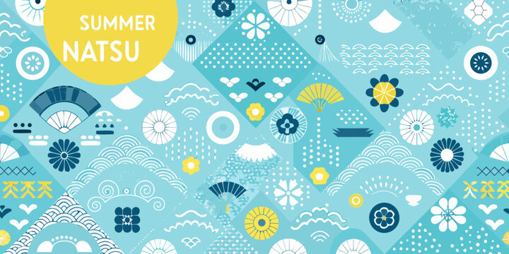 Vibrant japanese summer natsu pattern with traditional motifs and geometric shapes