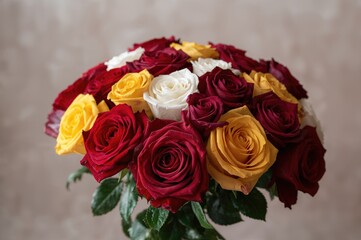 Naklejka premium Arrangement of red, white, yellow, and purple roses