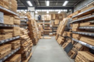 Out-of-focus photo of a hardware store interior, featuring various construction supplies