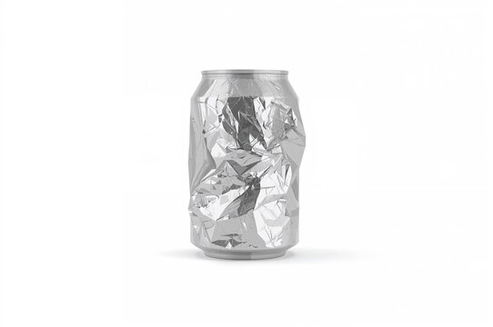 Discarded crushed 330 ml beverage can isolated on white background with clipping path