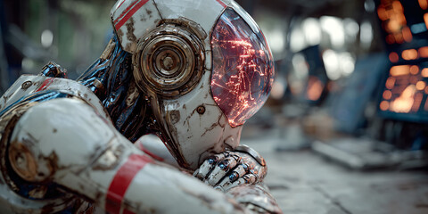 close-up of a white and red robot in a spacesuit with a helmet, holding a hand out to the camera. in the background, a cinematic, futuristic street scene